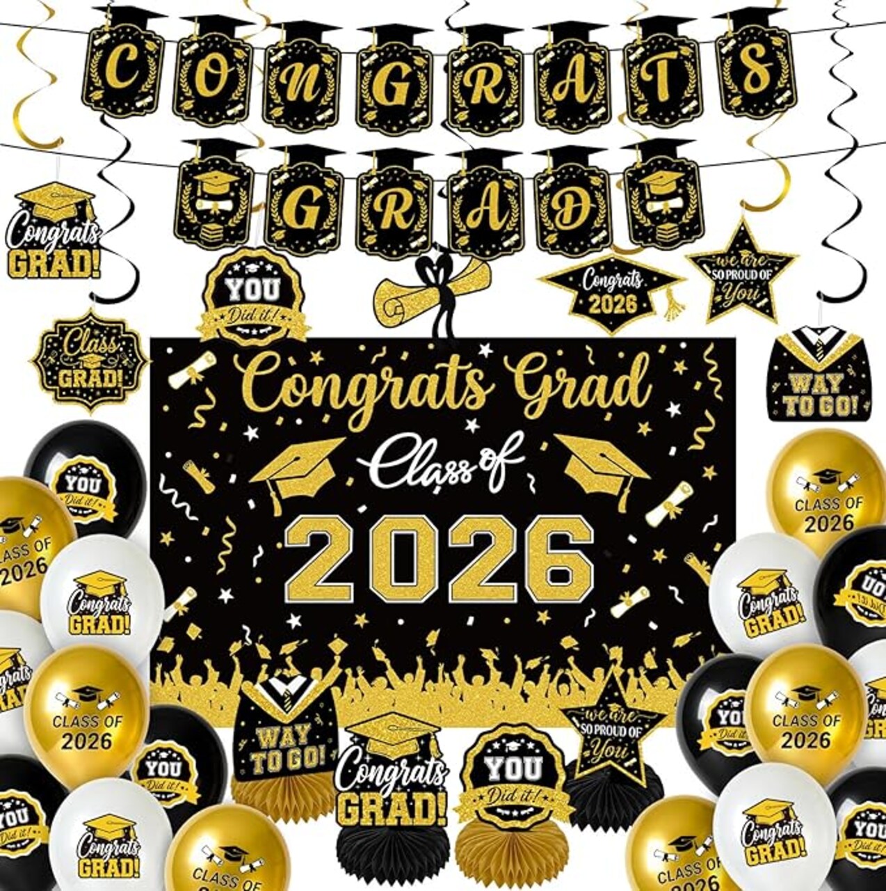 Class of 2026 Graduation Decorations Set - Black & Gold Congrats Grad Party Kit - Includes Fabric Backdrop, Banner, & Premium Balloons - All-in-One High School & College Supplies